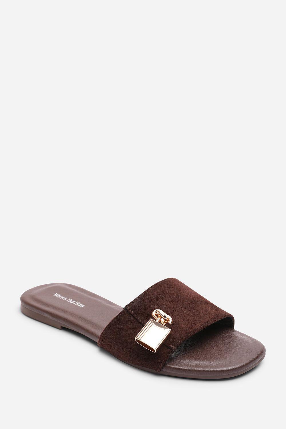 'Solana' Gold Trim Flat Suede Slide On Sandal by WHERE'S THAT FROM