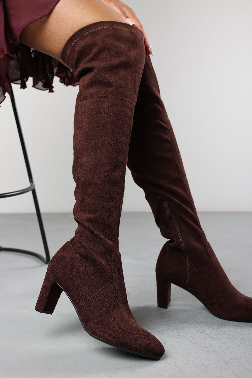 'Sonya' Suede Block Heel Over The Knee Boots by WHERE'S THAT FROM