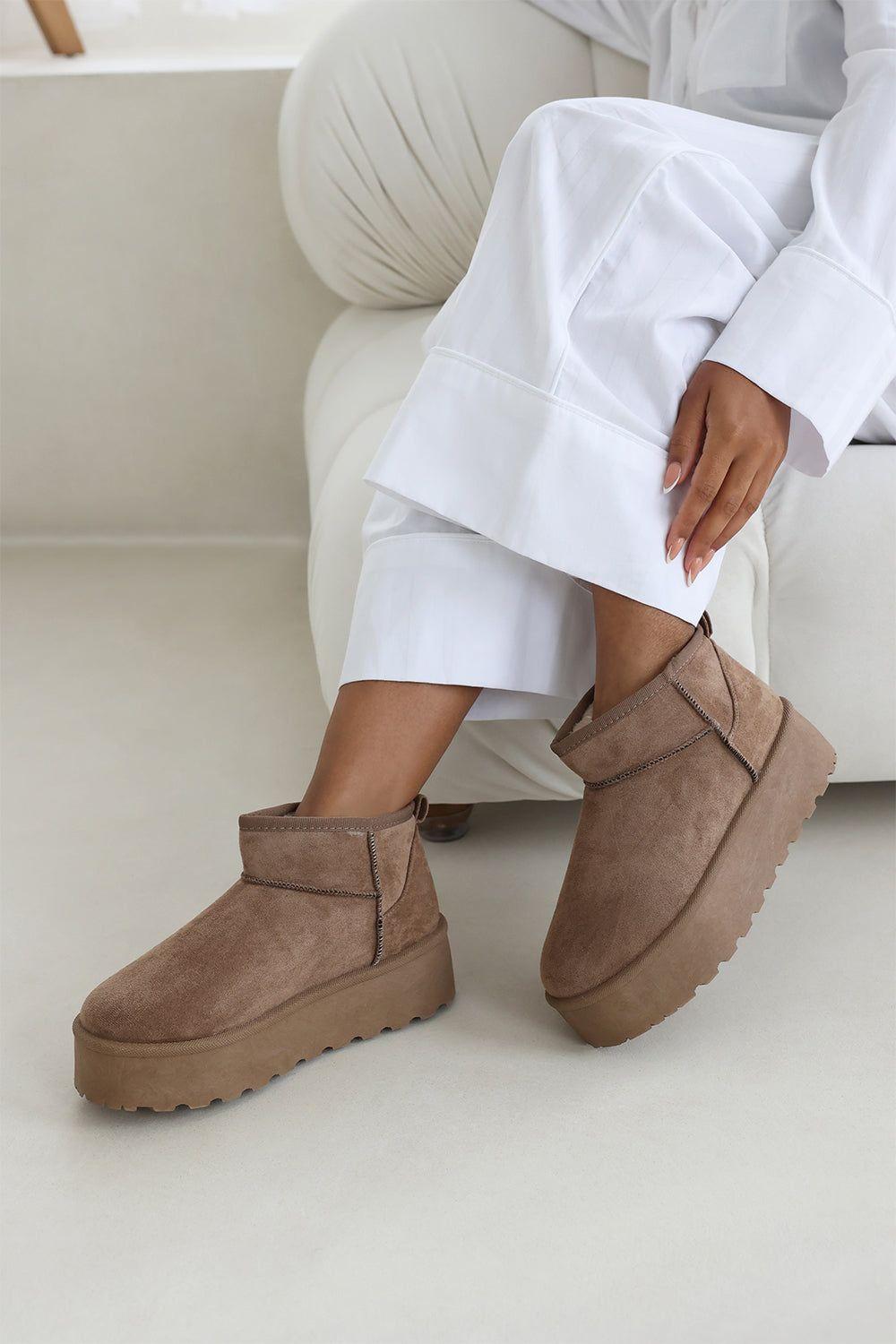 'Suri' Mini Faux-Suede Fur Lined Platform Ankle Slipper Boots by WHERE'S THAT FROM