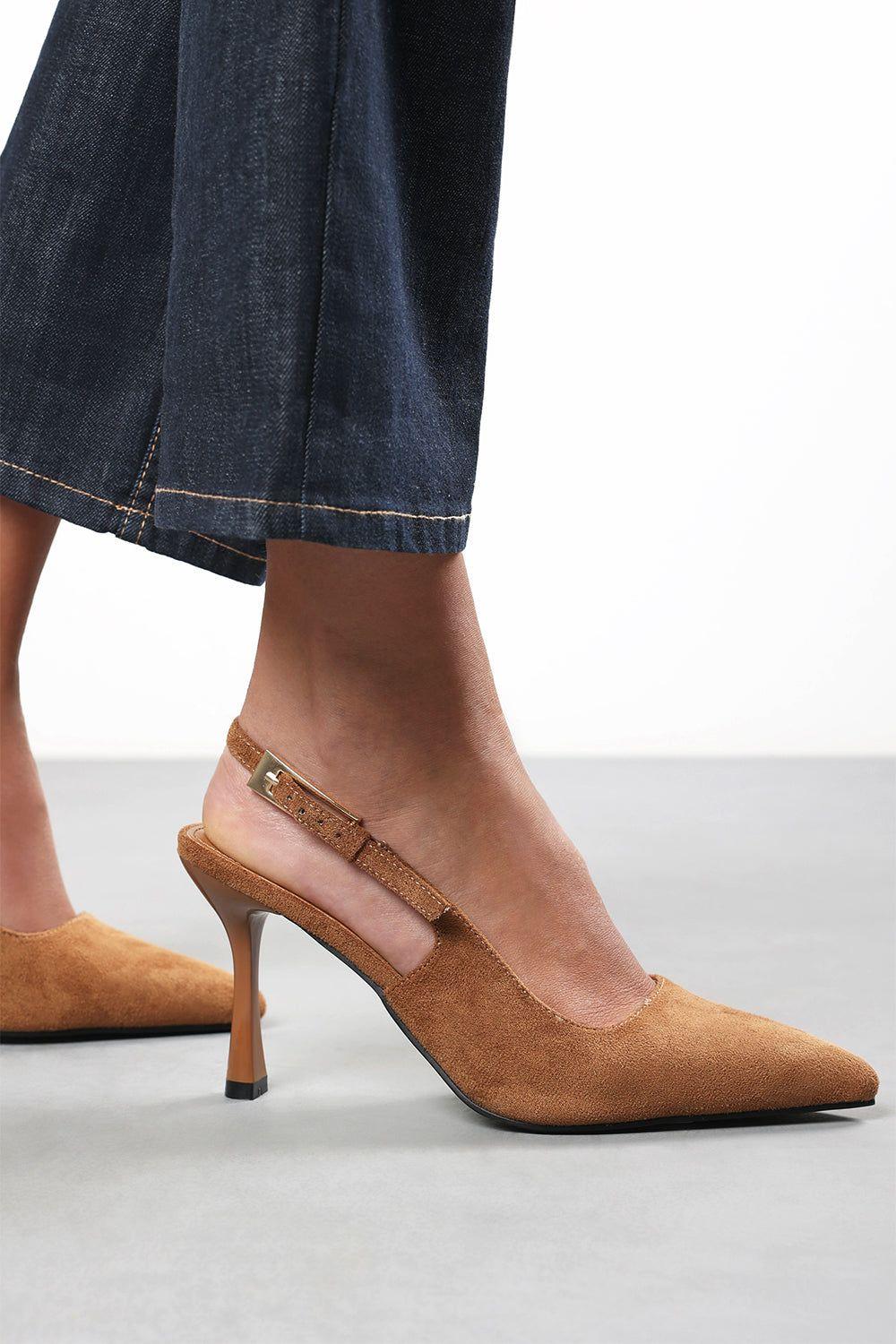 'Tiana' Suede Pointed Toe SlingBack Mid Heel with Buckle Strap by WHERE'S THAT FROM