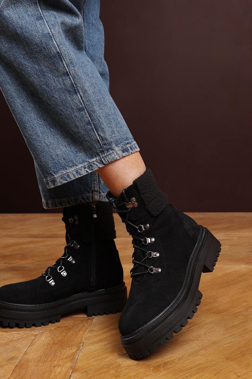 'Una' Suede Lace-Up Ankle Boots with Faux Fur Trim and Chunky Sole by WHERE'S THAT FROM
