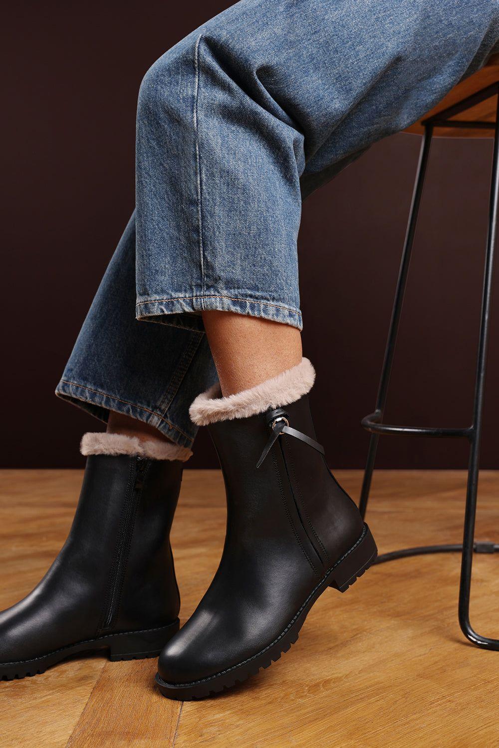 'Virena' Wide Fit Mid Calf Low Heel Boots with Faux Fur Trim Side Zip by WHERE'S THAT FROM