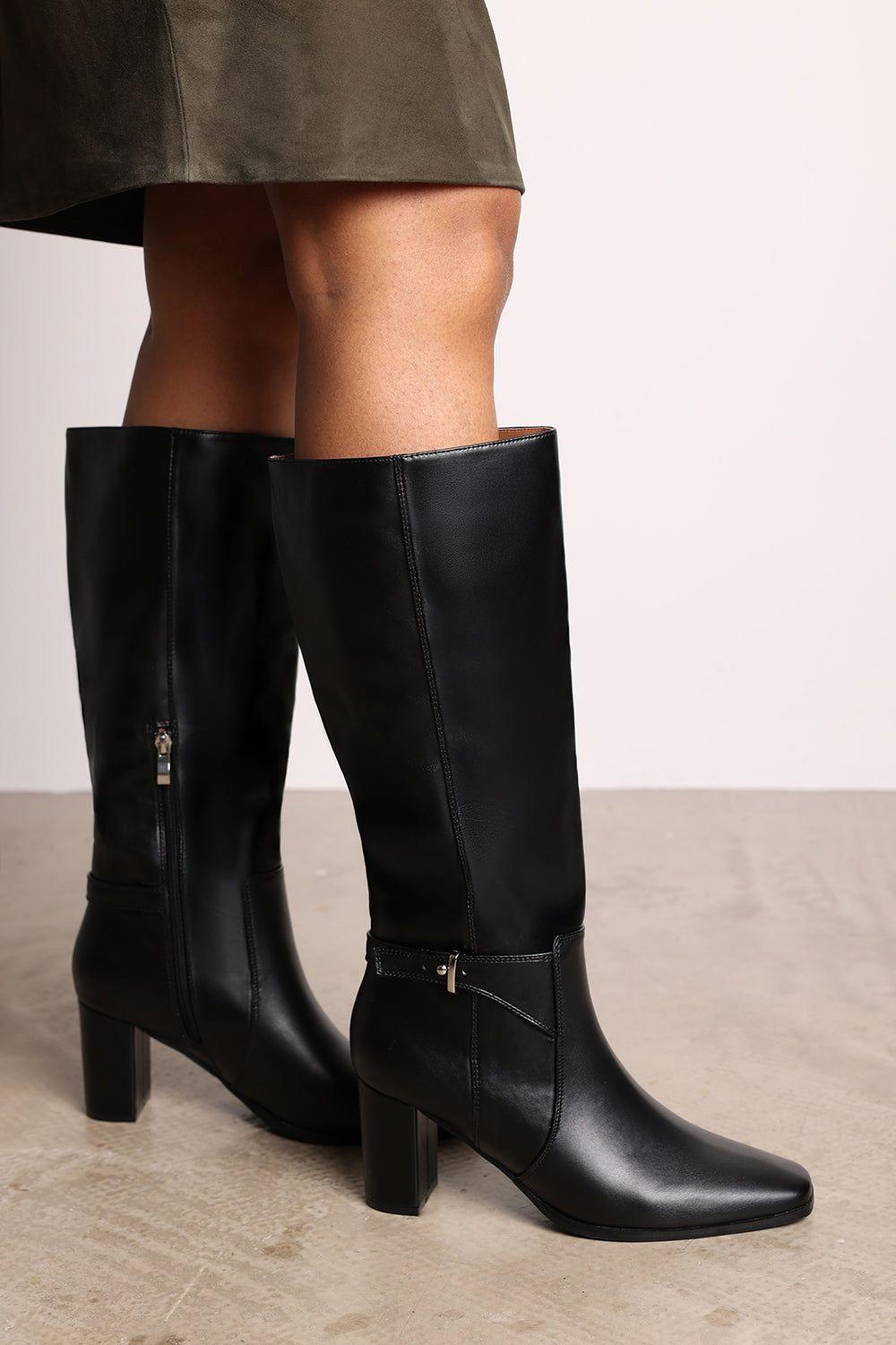 'Wynne' Heeled Knee High Boots With Buckle Strap Detail by WHERE'S THAT FROM