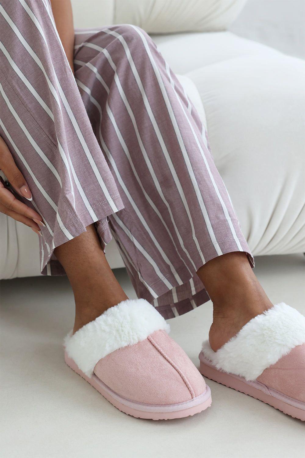 'Xandra' Suede Mule Slippers With Cosy Faux Fur Trim by WHERE'S THAT FROM