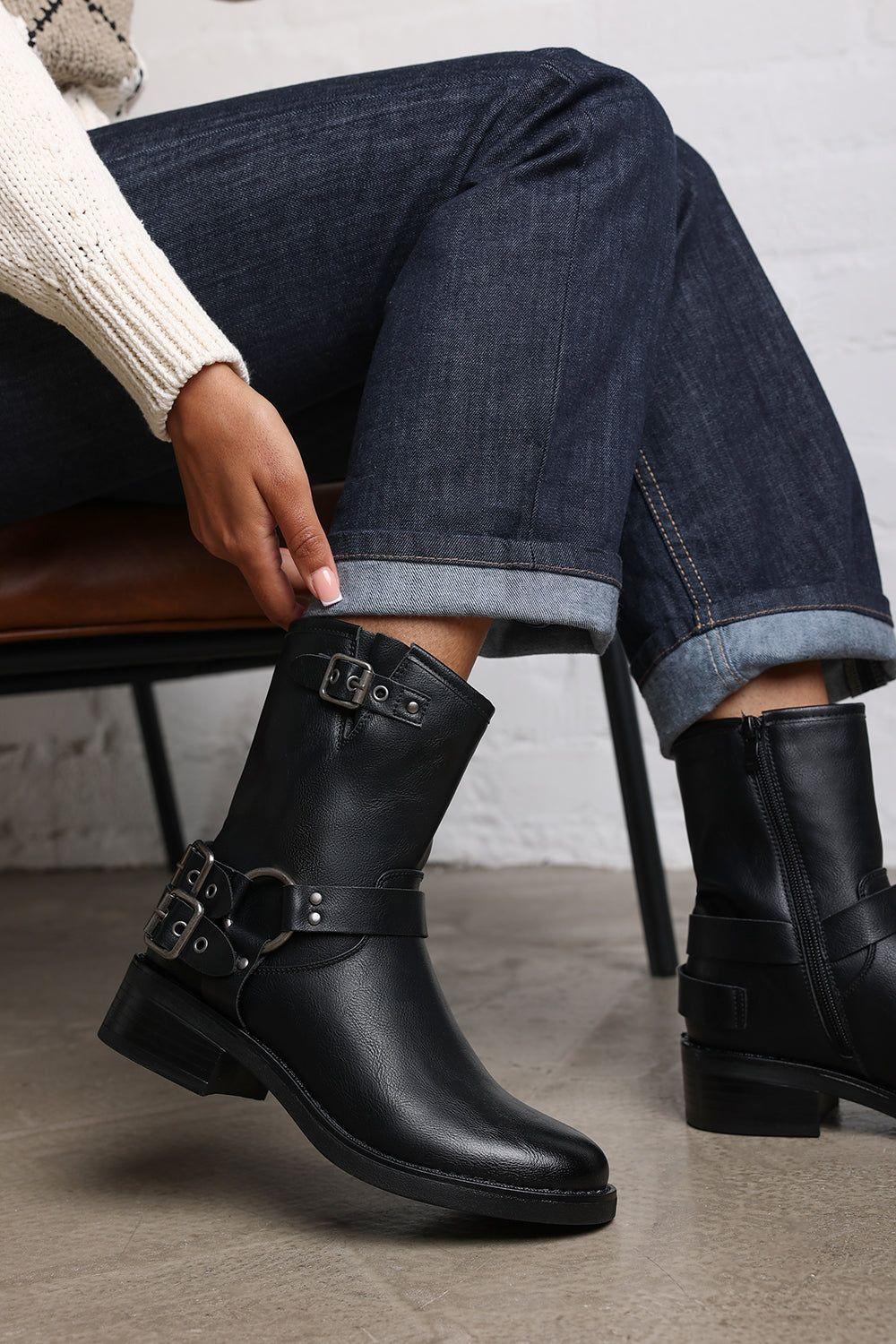 'Xoe' Mid Calf Biker Boots with Double Buckle Strap Detail by WHERE'S THAT FROM