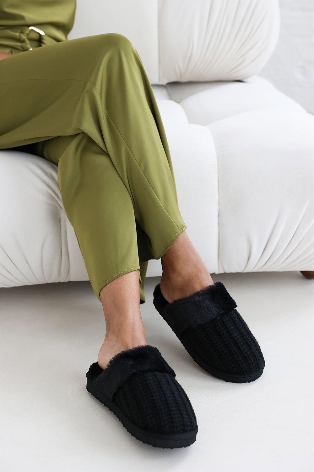 'Zadie' Knitted Mule Slippers With Soft Faux Fur Trim by WHERE'S THAT FROM