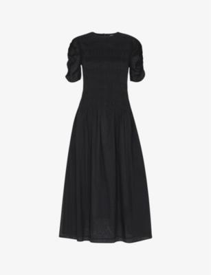 Avery ruched-sleeve smocked cotton midi dress by WHISTLES