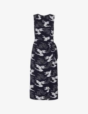 Cloud-Print Tie-Waist Woven Midi Dress by WHISTLES