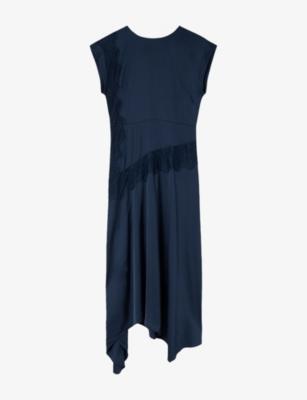 Lace-Insert Asymmetric-Hem Satin Midi Dress by WHISTLES