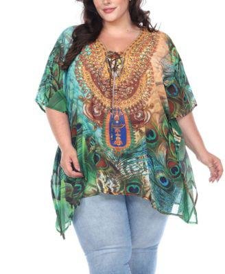 Plus Size Short Caftan with Tie-Up Neckline by WHITE MARK