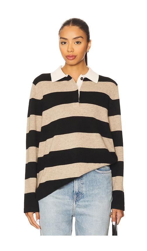 White & Warren Cashmere Rugby Stripe Polo in Black,Taupe by WHITE&WARREN