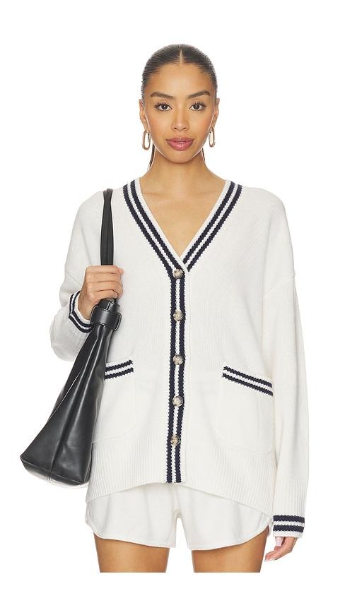 White & Warren Cashmere Varsity Cardigan in White,Black by WHITE&WARREN