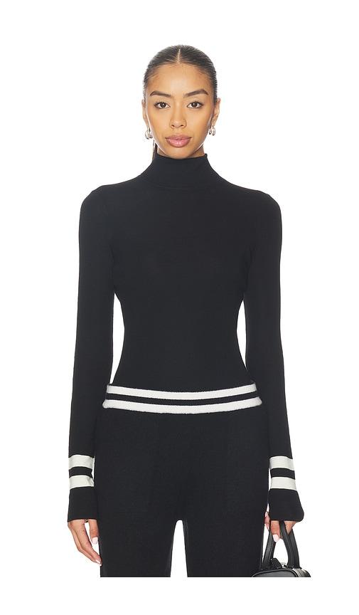 White & Warren Superfine Merino Striped Fitted Turtleneck in Black by WHITE&WARREN