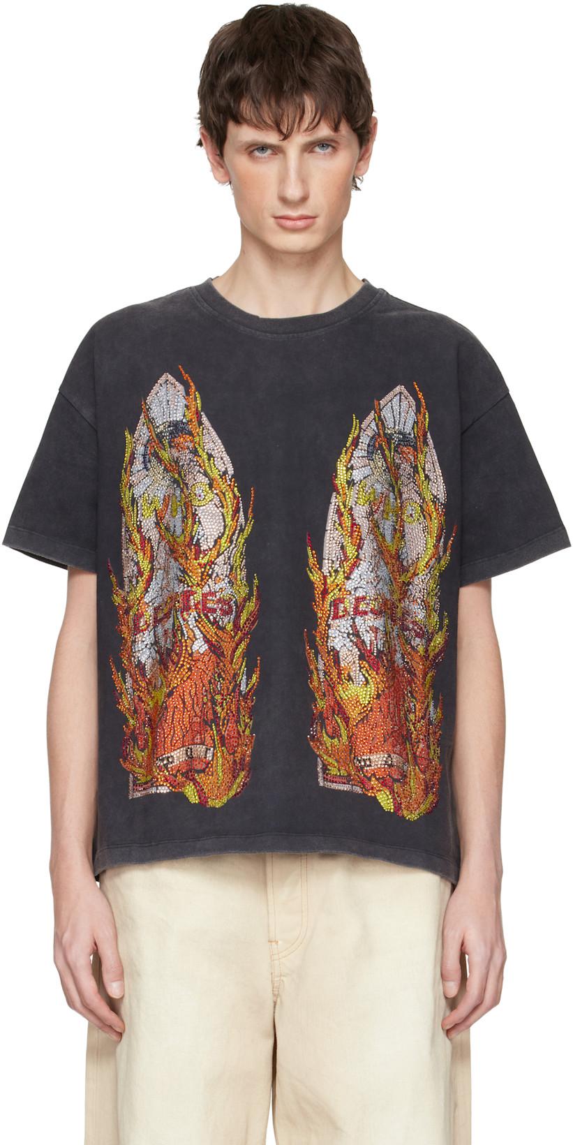 Black Rhinestone Flame Glass T-shirt by WHO DECIDES WAR