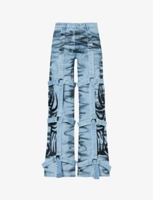 Bondage-overlay embroidered wide-leg jeans by WHO DECIDES WAR