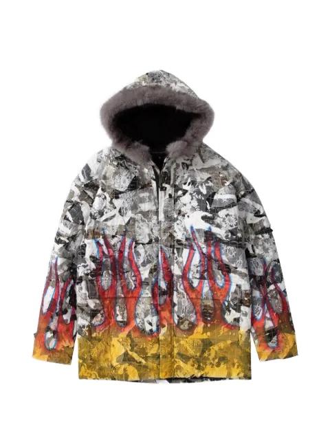 flame-print hoodied parka coat by WHO DECIDES WAR