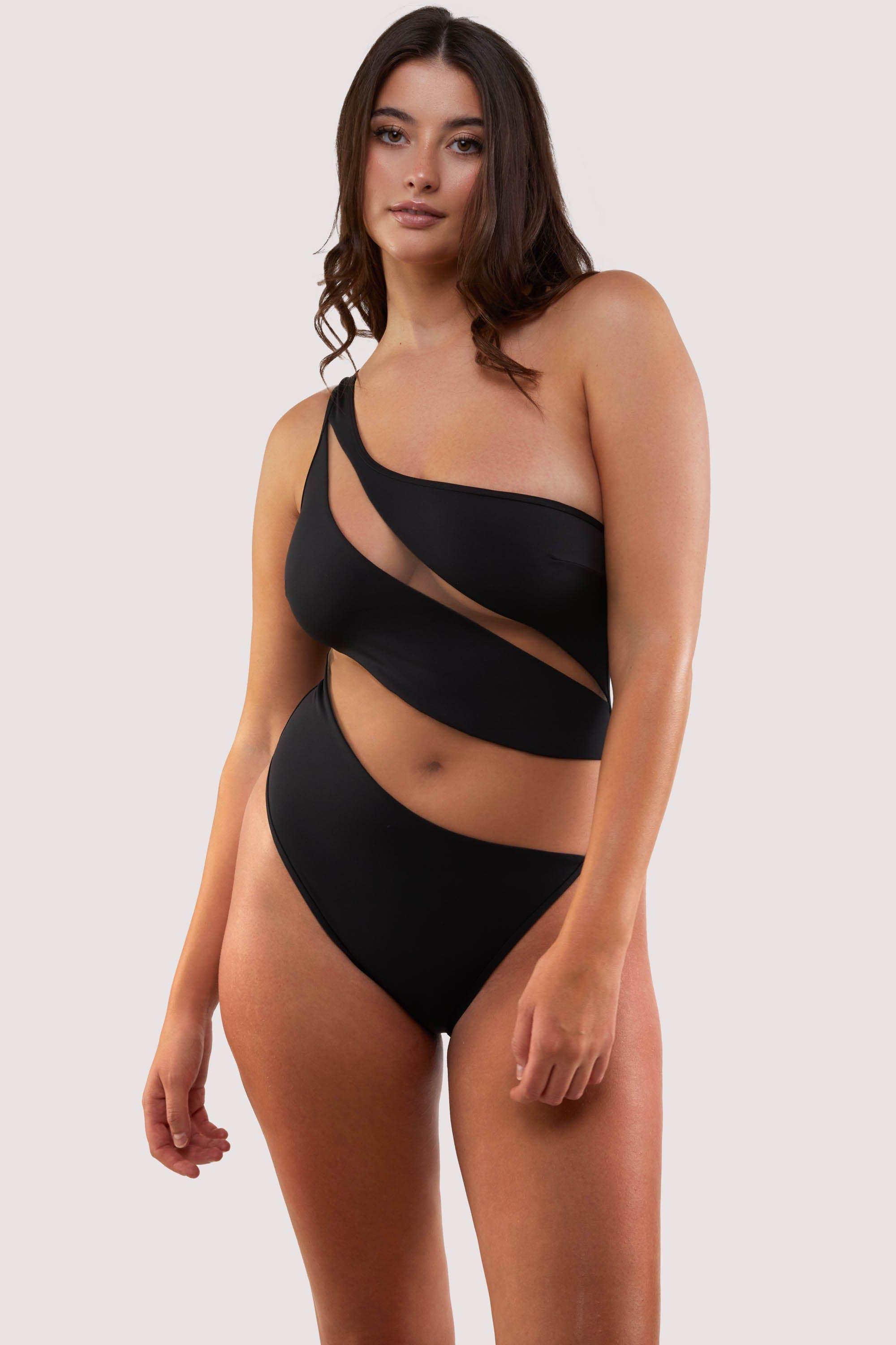 Eloise Fuller Bust Black Asymmetric Swimsuit With Nude Mesh by WOLF&WHISTLE