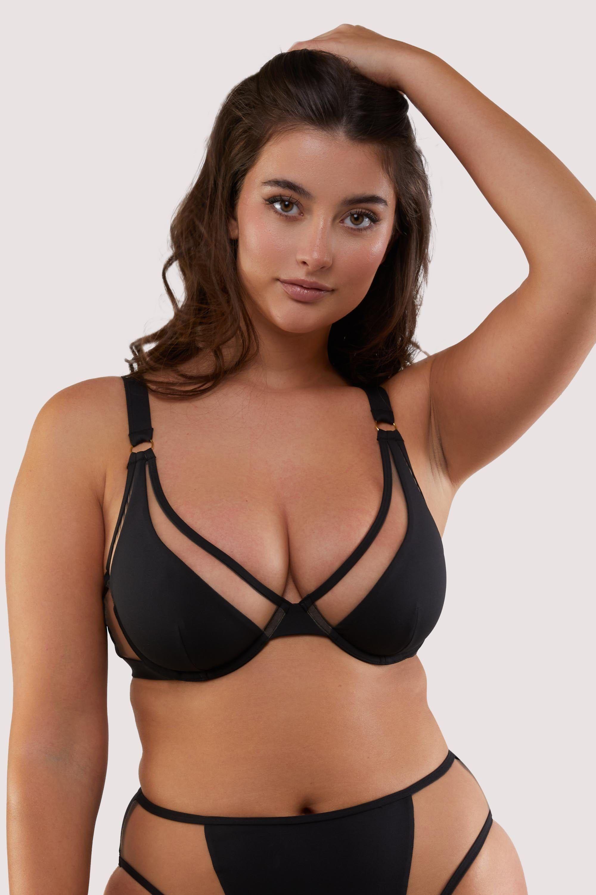 Eloise Fuller Bust Black Triangle Bikini Top With Nude Mesh by WOLF&WHISTLE