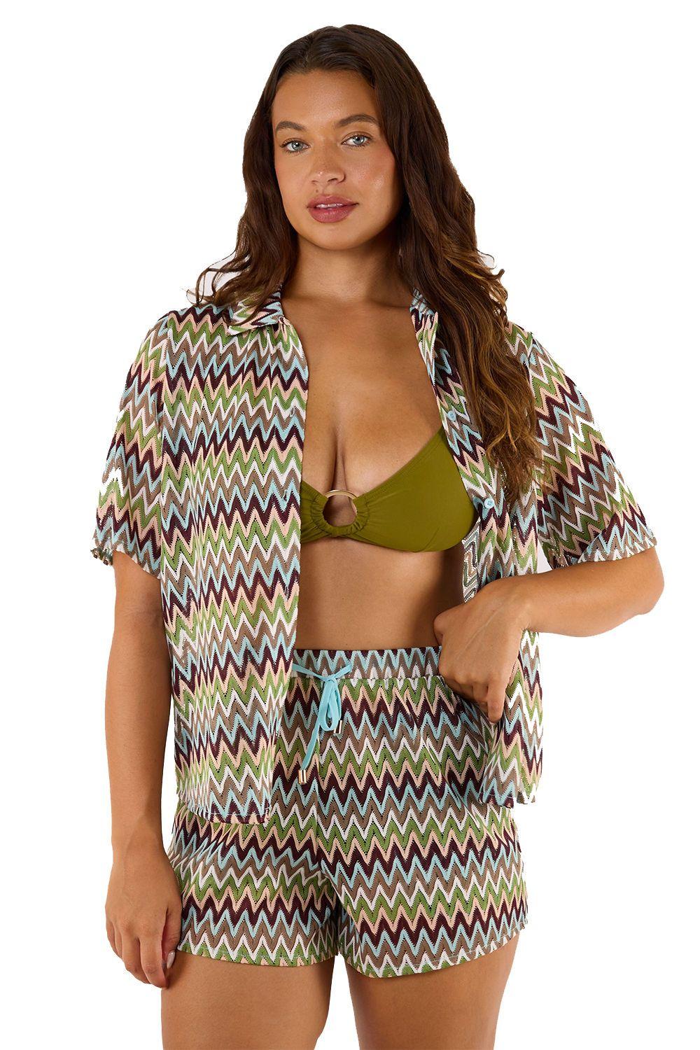 Kalahari Khaki Zig Zag Crochet Beach 'Shirt' by WOLF&WHISTLE