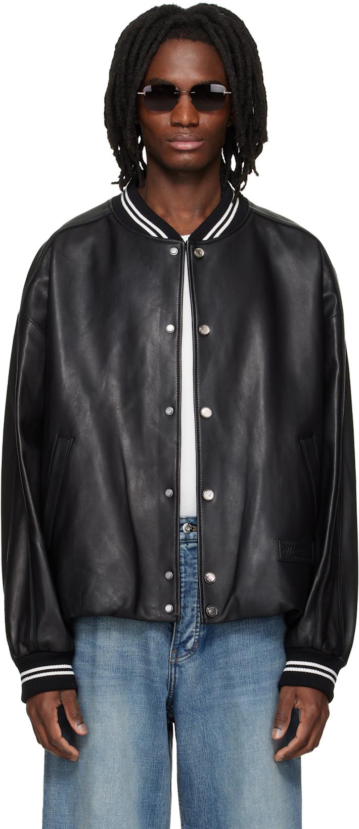 Black Leather Baseball Jacket by WOOYOUNGMI