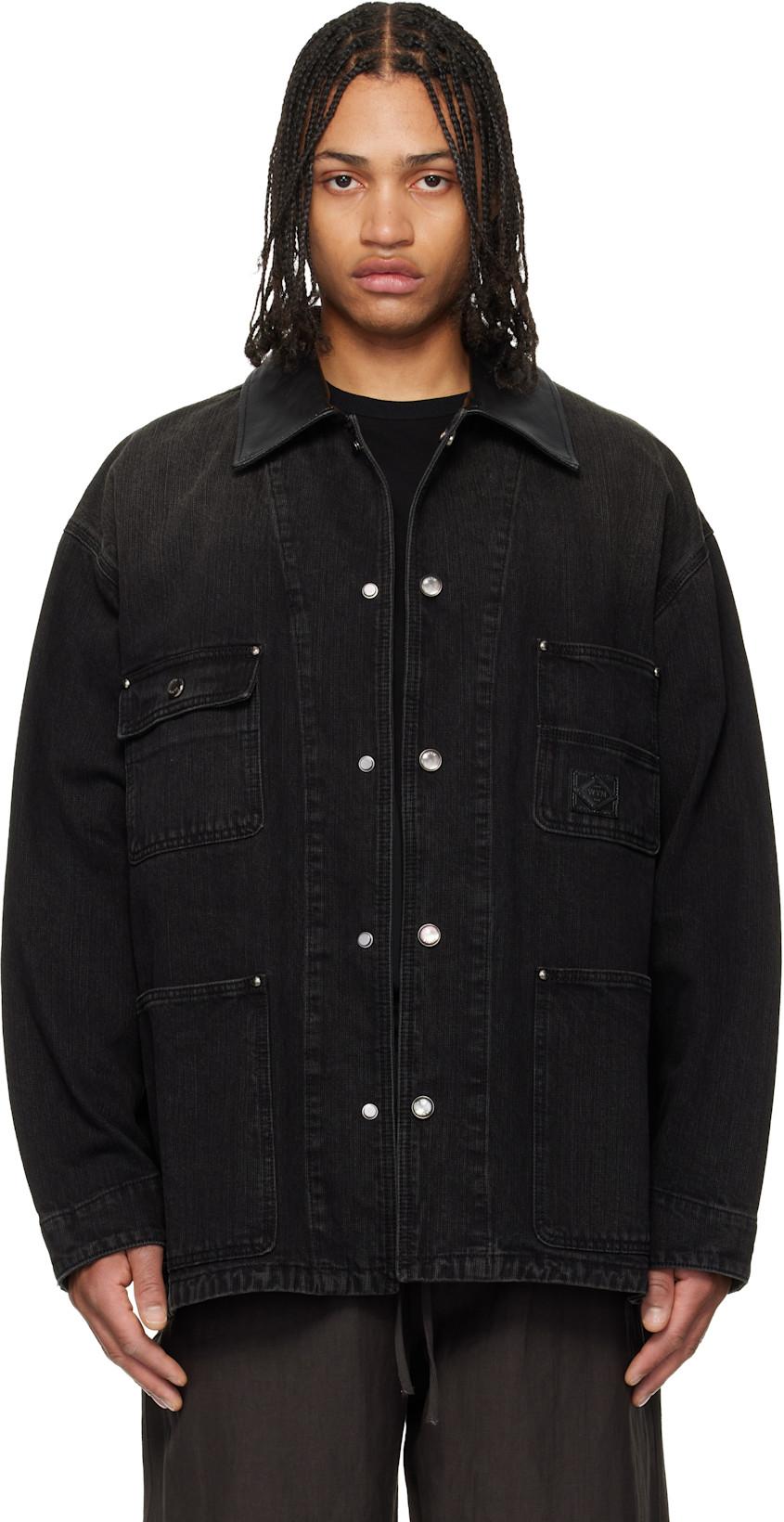 Black Leather Collar Tin-washed Denim Coat by WOOYOUNGMI