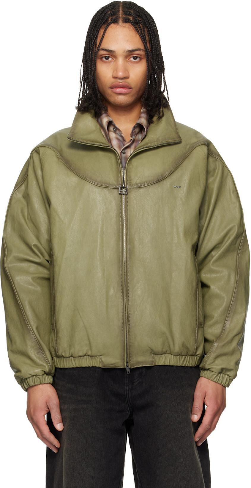 Khaki High Neck Leather Jacket by WOOYOUNGMI