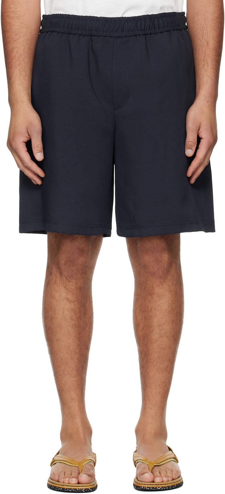 Navy Embroidered Logo Twill Shorts by WOOYOUNGMI