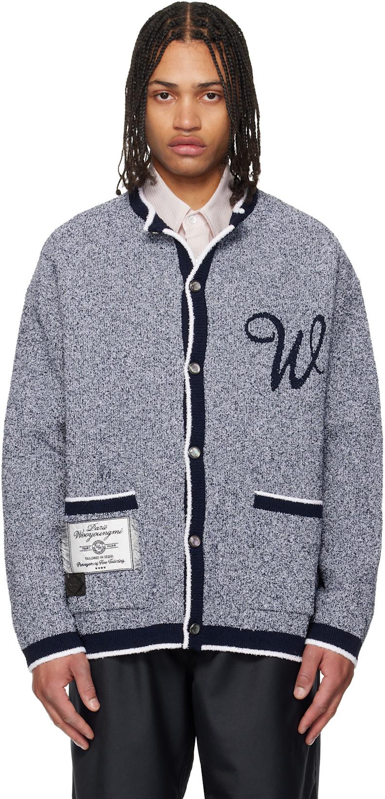 Navy Round Neck Logo Cardigan by WOOYOUNGMI