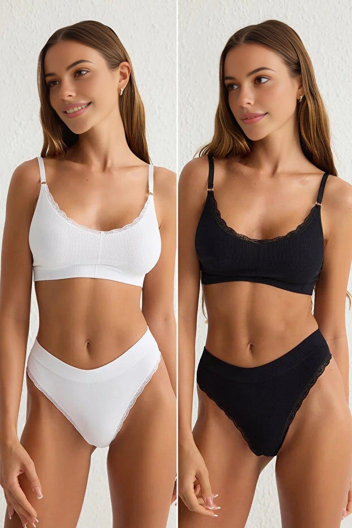 2 Pack Ribbed Lace Trim Knitted Lingerie Set by WOVCOR