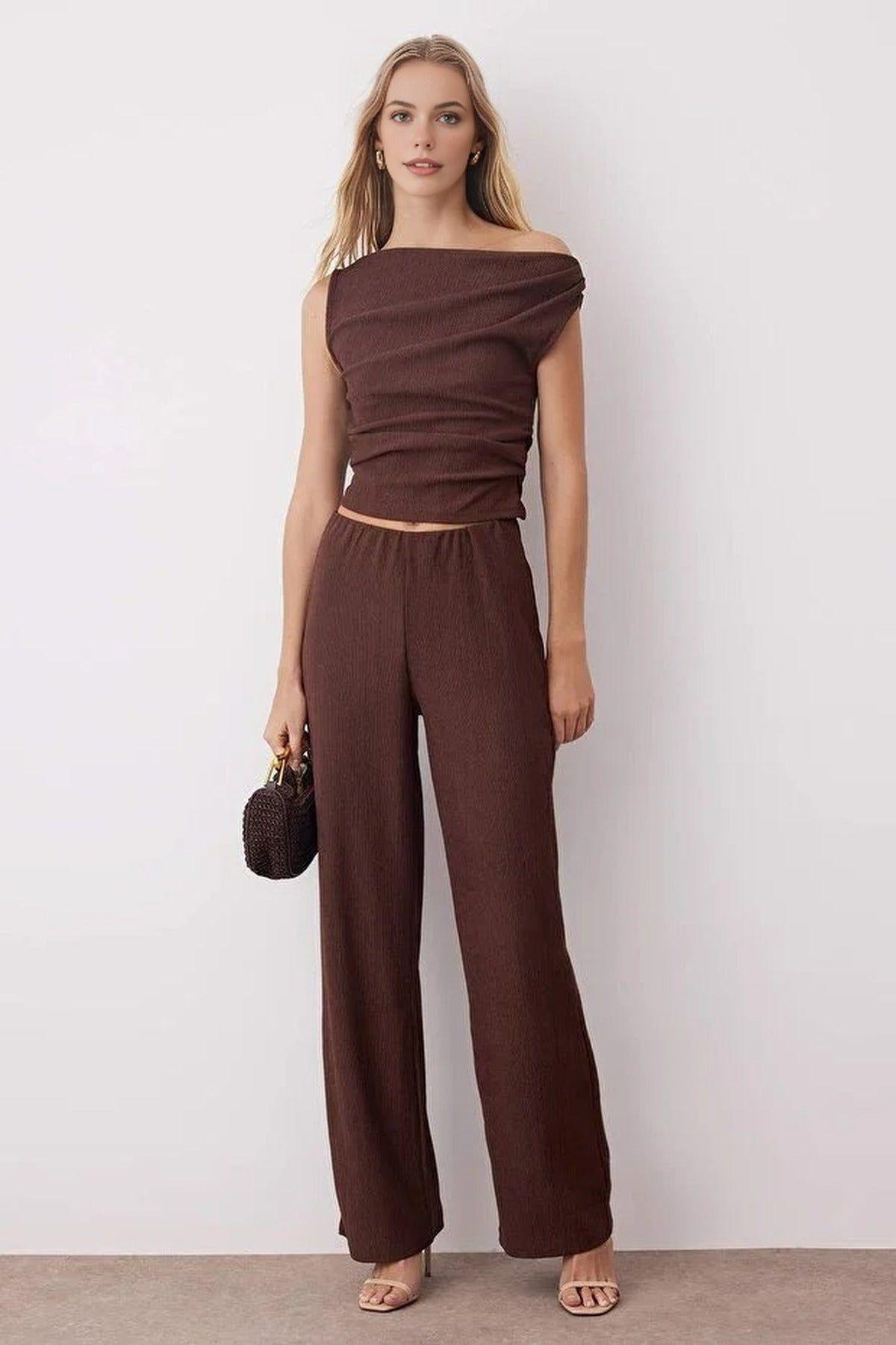 2-Piece Asymmetric Neck Knit Top and Wide Leg Trousers Co-Ord Set by WOVCOR