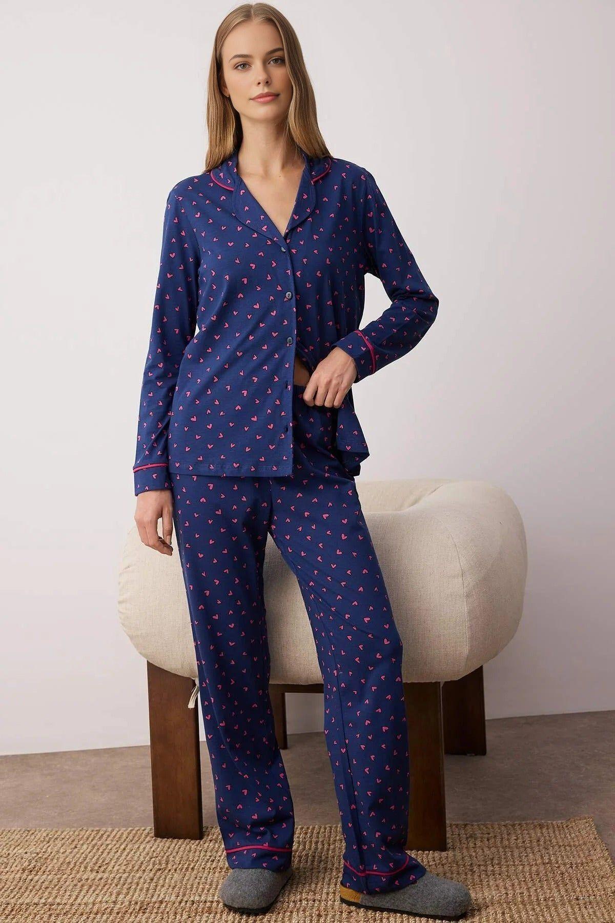 2-Piece Cotton Heart Print Knit Pajama Set by WOVCOR