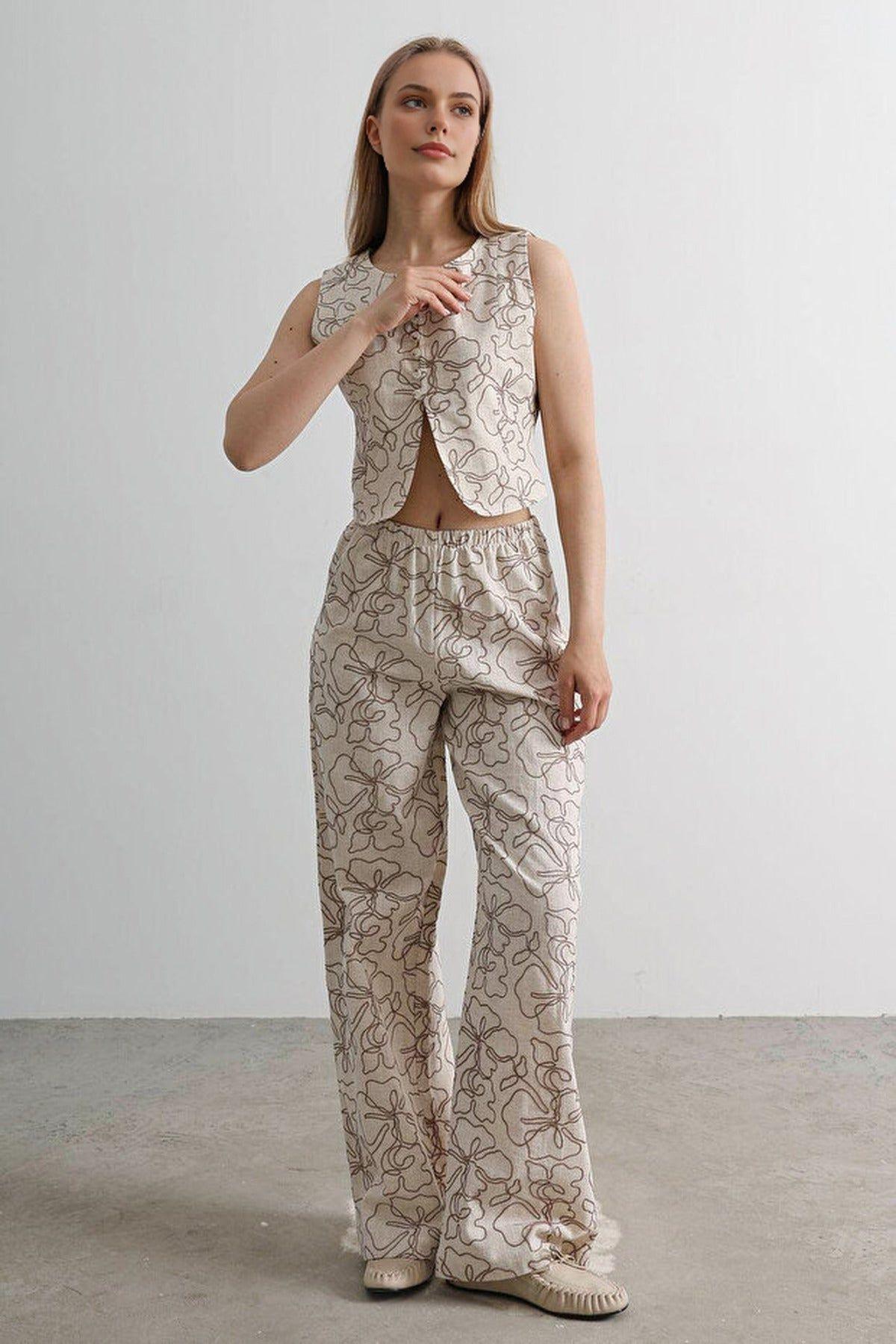 2-Piece Floral Print Woven Vest and Wide-Leg Trouser Set by WOVCOR