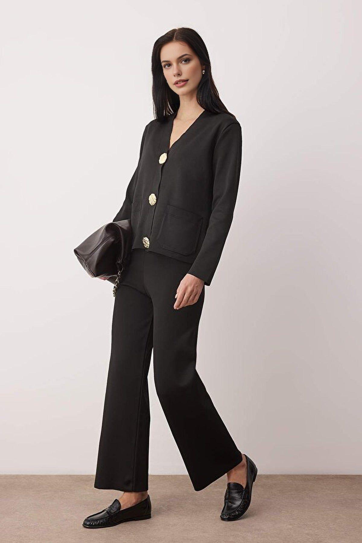 2-Piece Knit V-Neck Button-Front Cardigan and Wide-Leg Trouser Set by WOVCOR