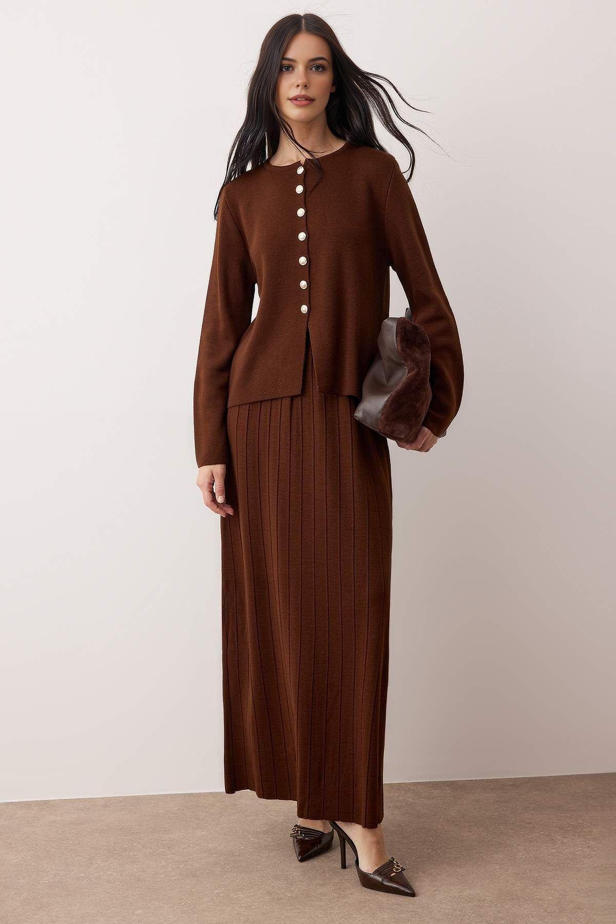 2 Piece Knitted Button Front Cardigan and Ribbed Maxi Skirt Set by WOVCOR