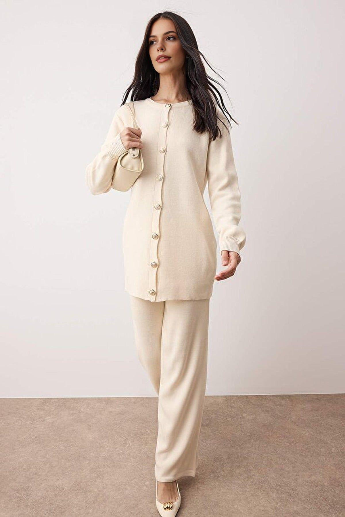2 Piece Knitted Button Front Cardigan and Straight Leg Trousers Set by WOVCOR