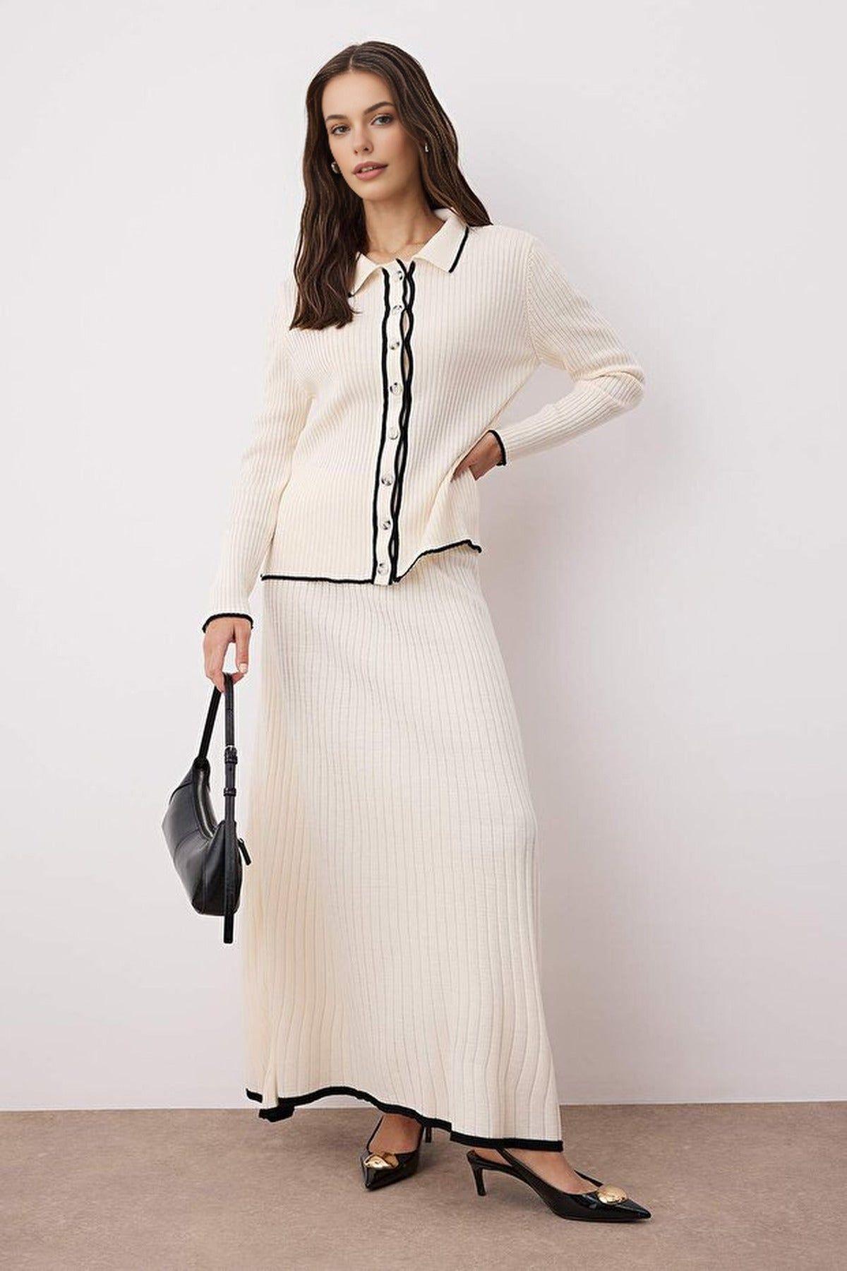 2-Piece Ribbed Knit Button-Front Top and Maxi Skirt Set by WOVCOR