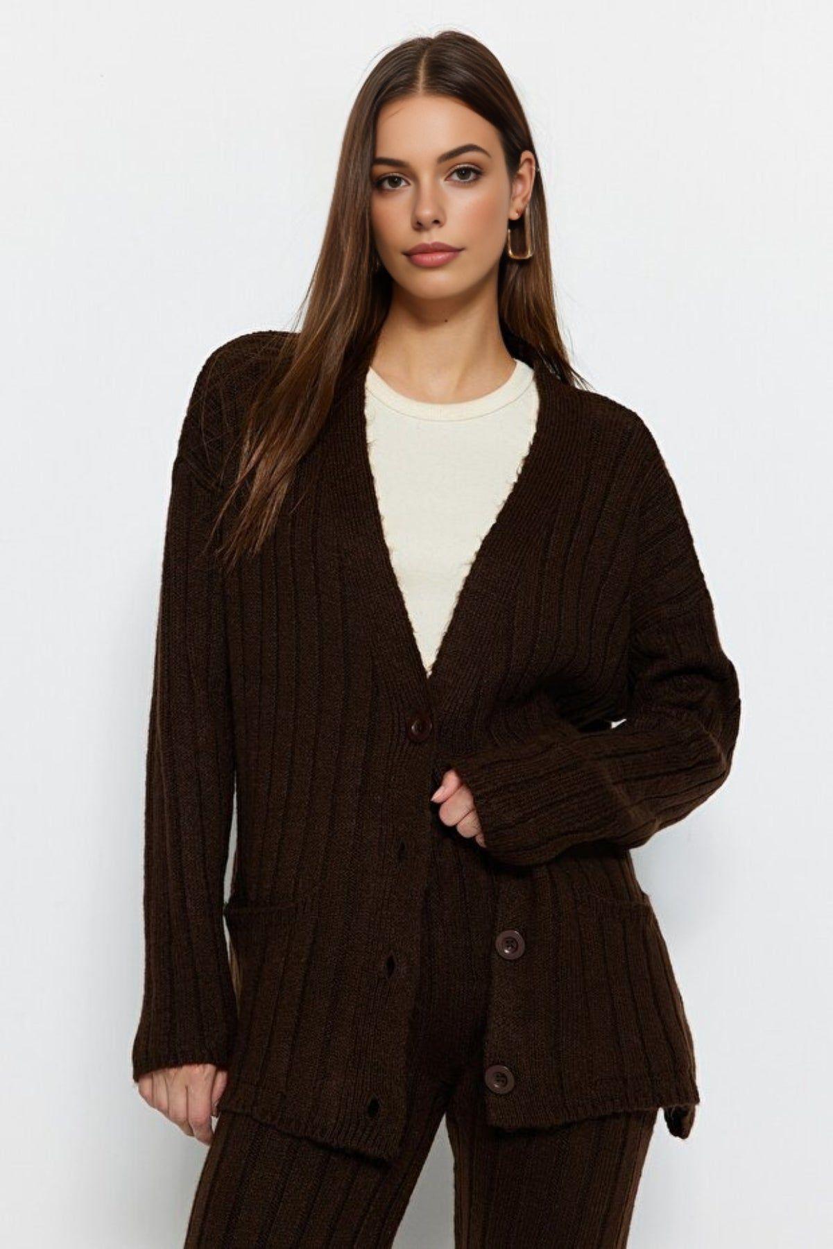 2-Piece Set Ribbed Knit Cardigan & Wide Leg Trousers by WOVCOR