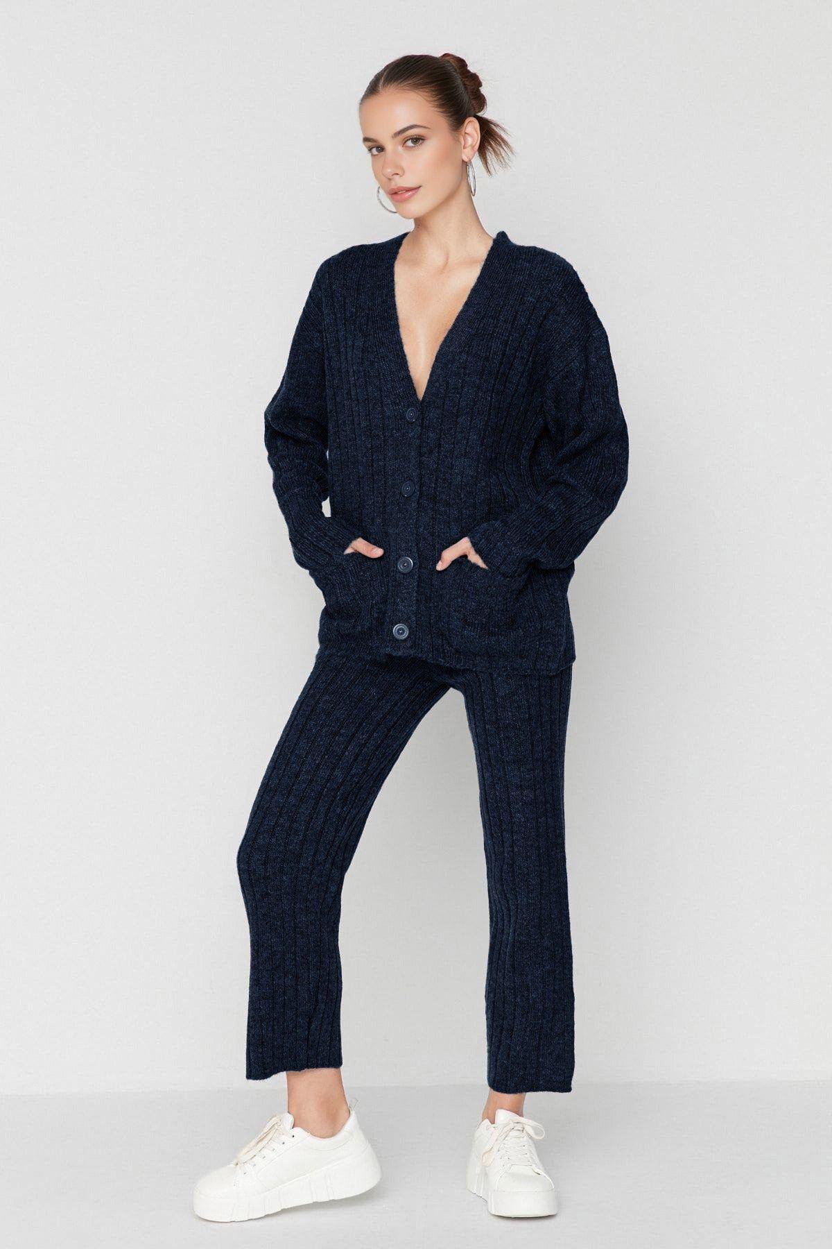 2-Piece Set Ribbed Knit Cardigan & Wide Leg Trousers by WOVCOR