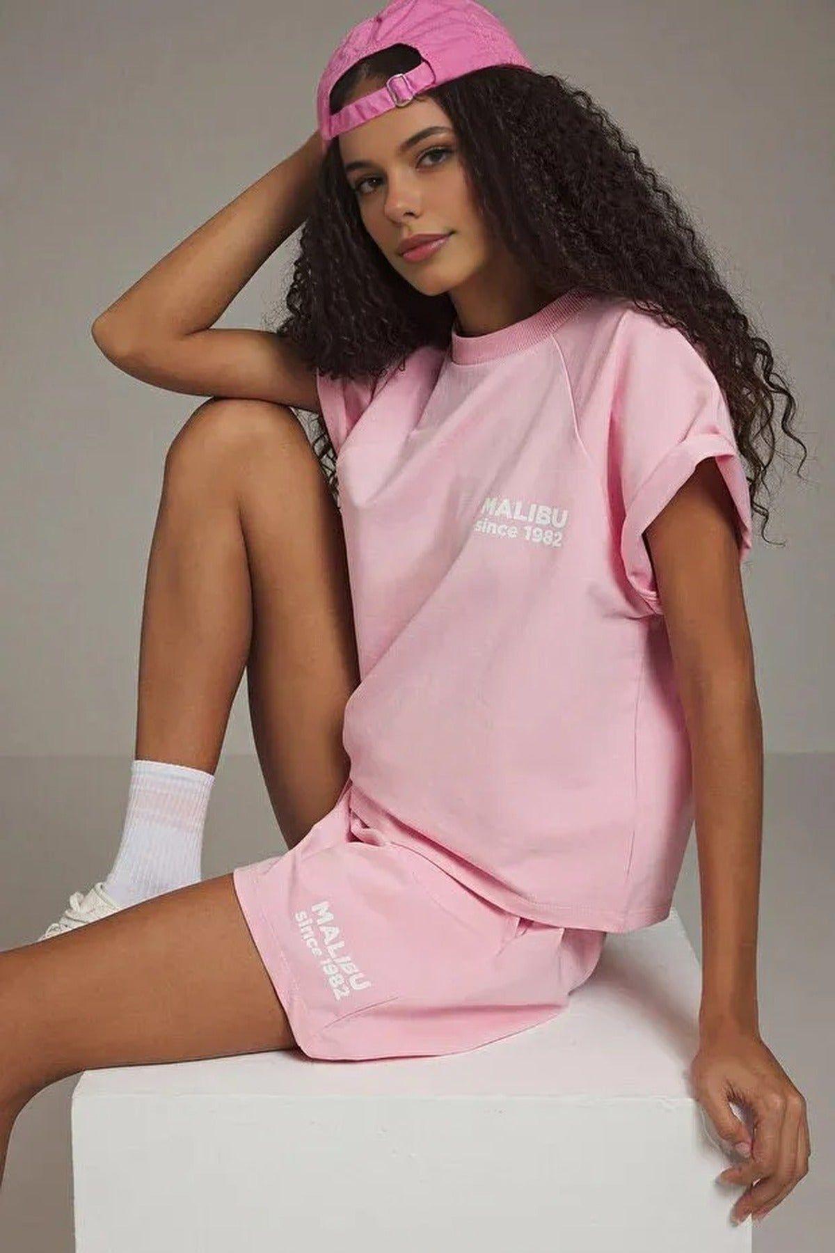 2-Piece Slogan Print T-Shirt and Shorts Lounge Set with Relaxed Fit by WOVCOR