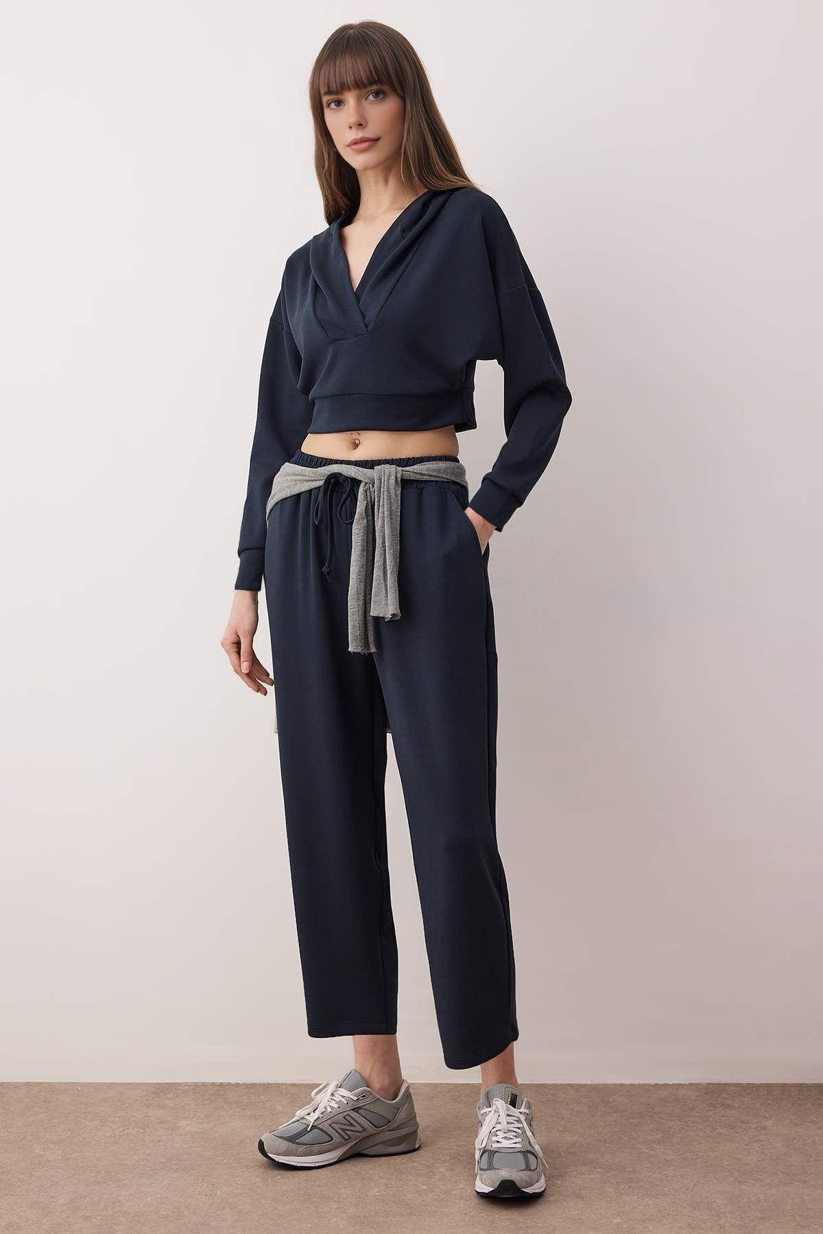 2 Piece Soft Knit Hooded Top and Straight Leg Trousers Set by WOVCOR