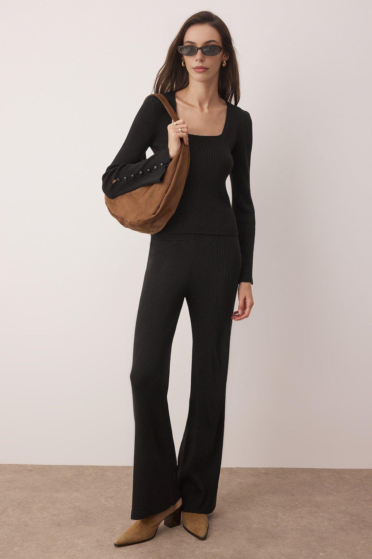 2-Piece Square Neck Ribbed Knit Top and Flared Bottom Set by WOVCOR