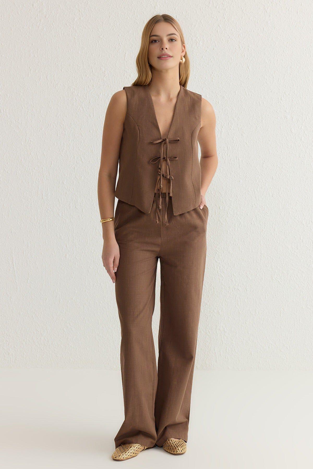 2-Piece Tie Front Linen-Look Blouse & Wide Leg Pants Set by WOVCOR
