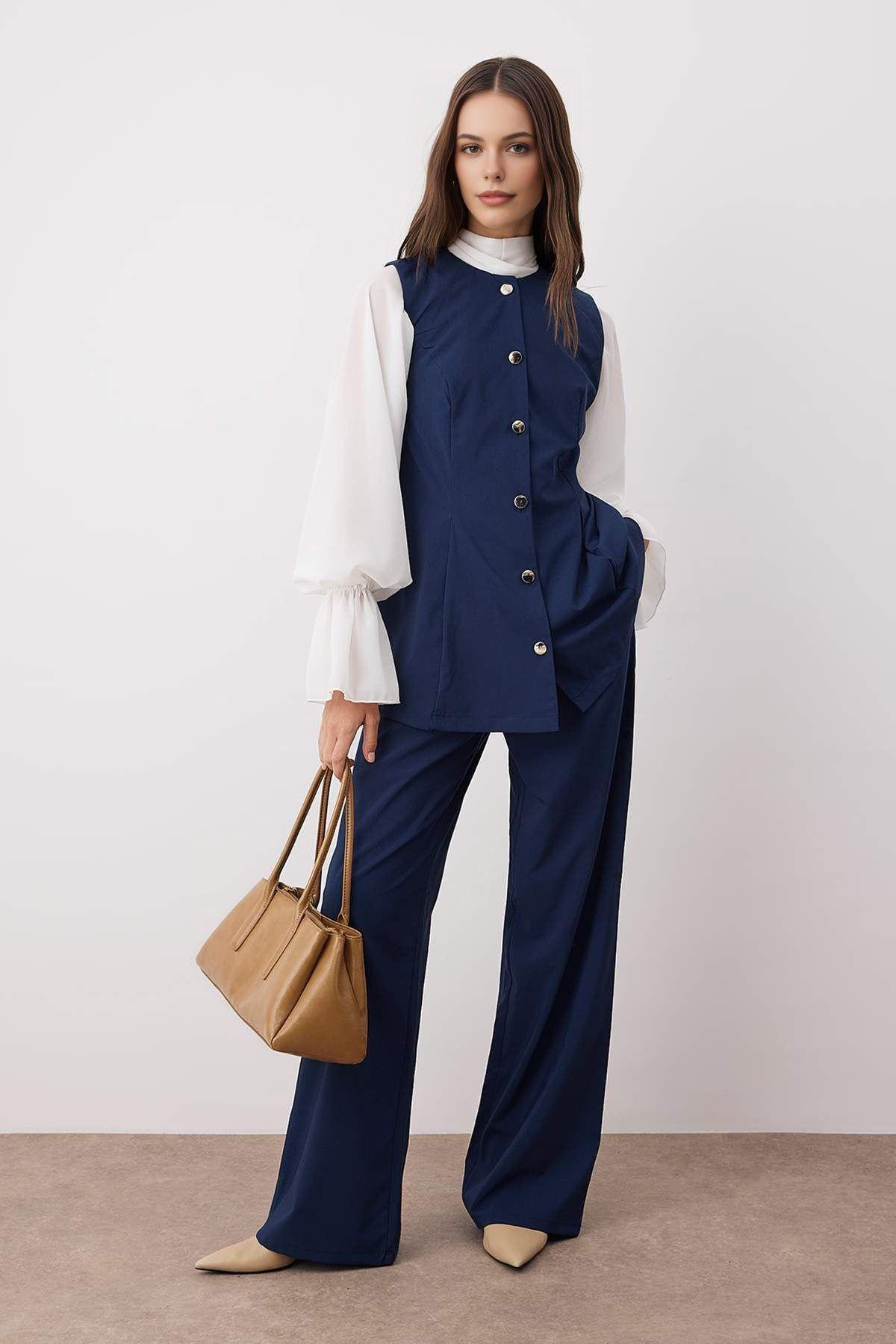 2-Piece Woven Button-Front Top and Wide-Leg Trouser Set by WOVCOR