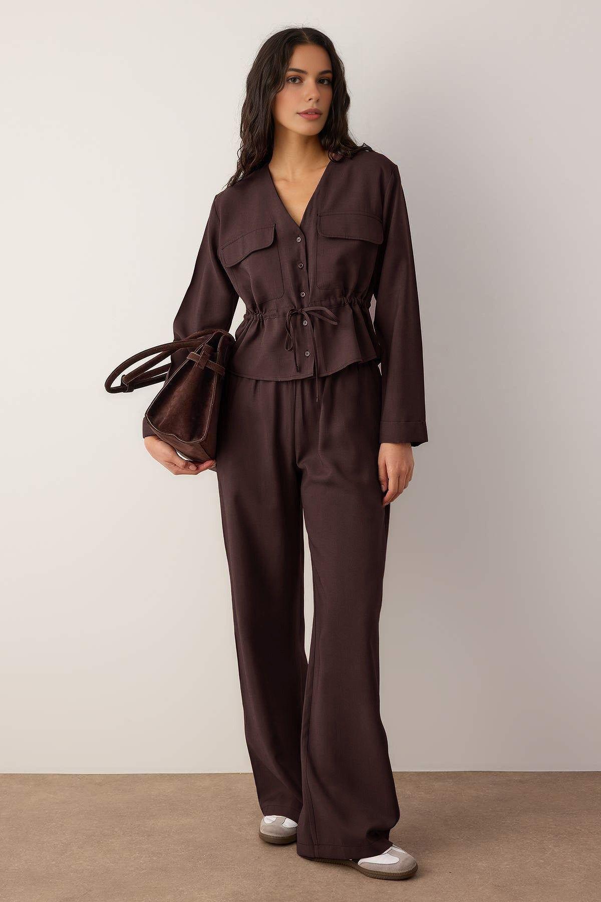 2 Piece Woven Soft Textured Blouse and Wide Leg Trousers Set by WOVCOR