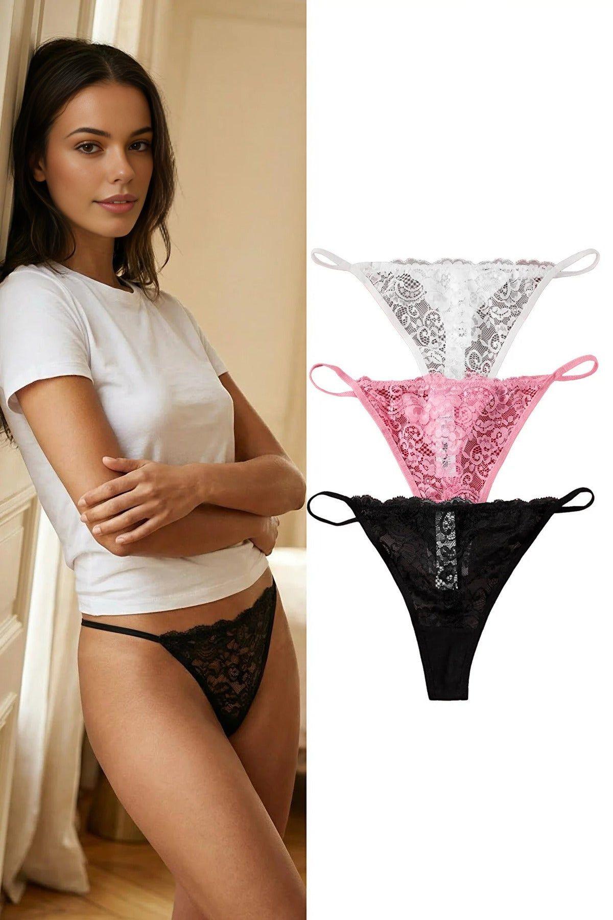 3 Pack Lace Detail Knitted Thong Briefs Multipack by WOVCOR