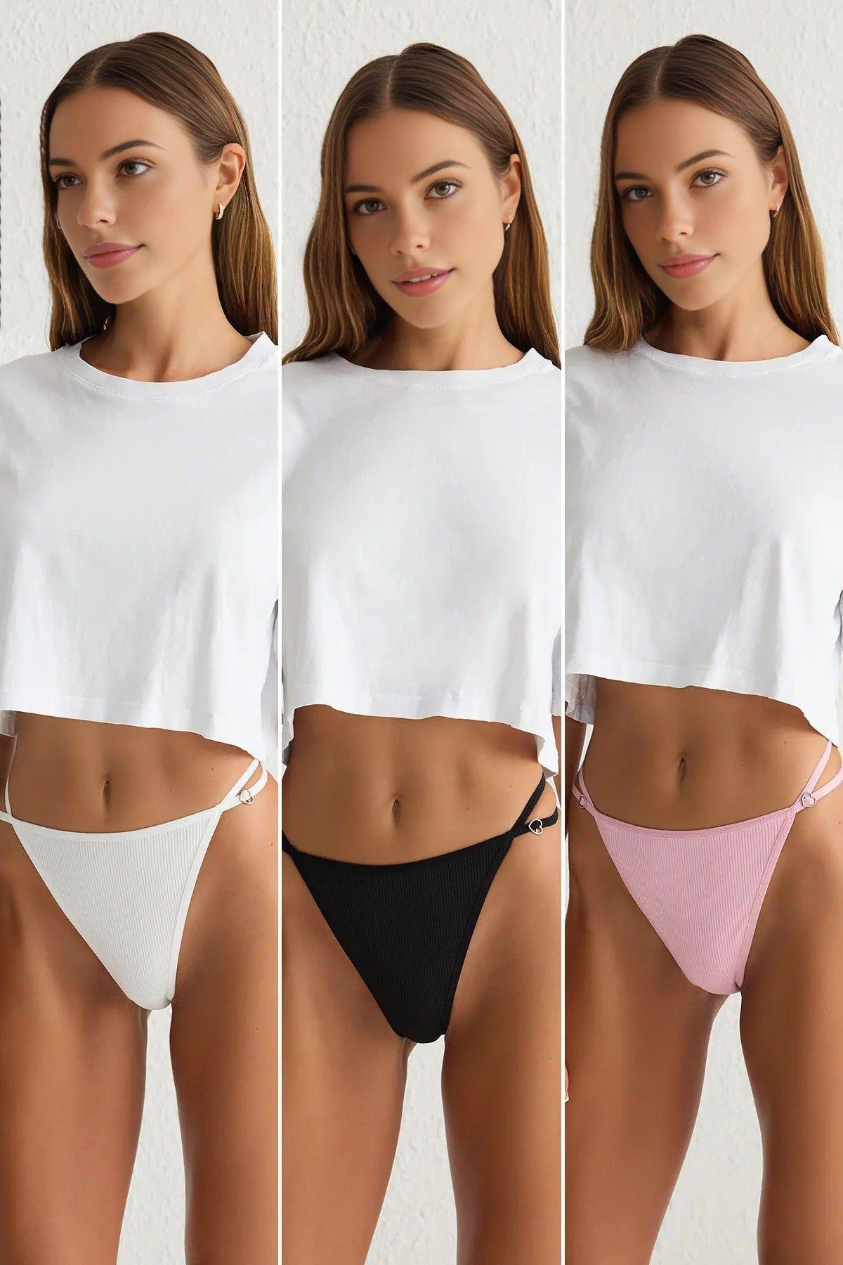 3 Pack Ribbed Knitted Thong Briefs with Side Strap Detail by WOVCOR