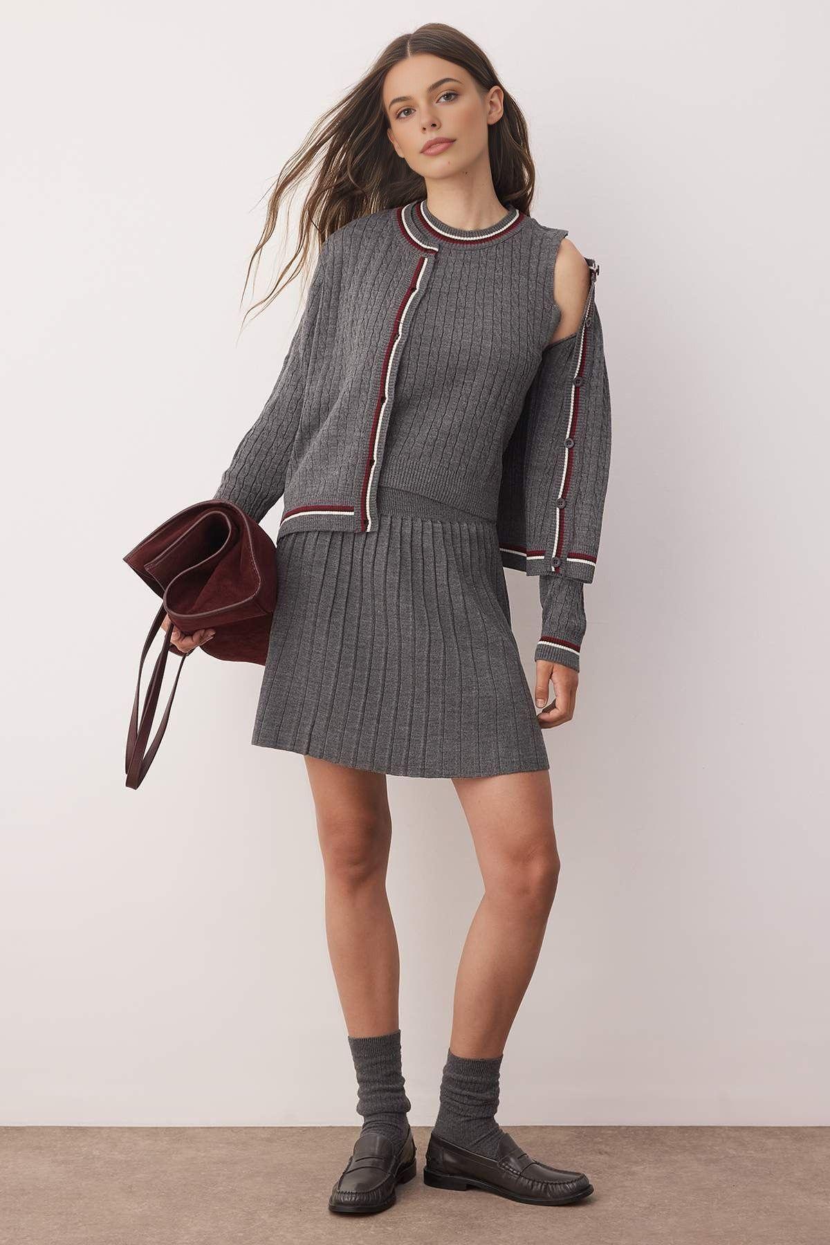 3-Piece Textured Knit Cardigan, Sleeveless Top and Skirt Set by WOVCOR