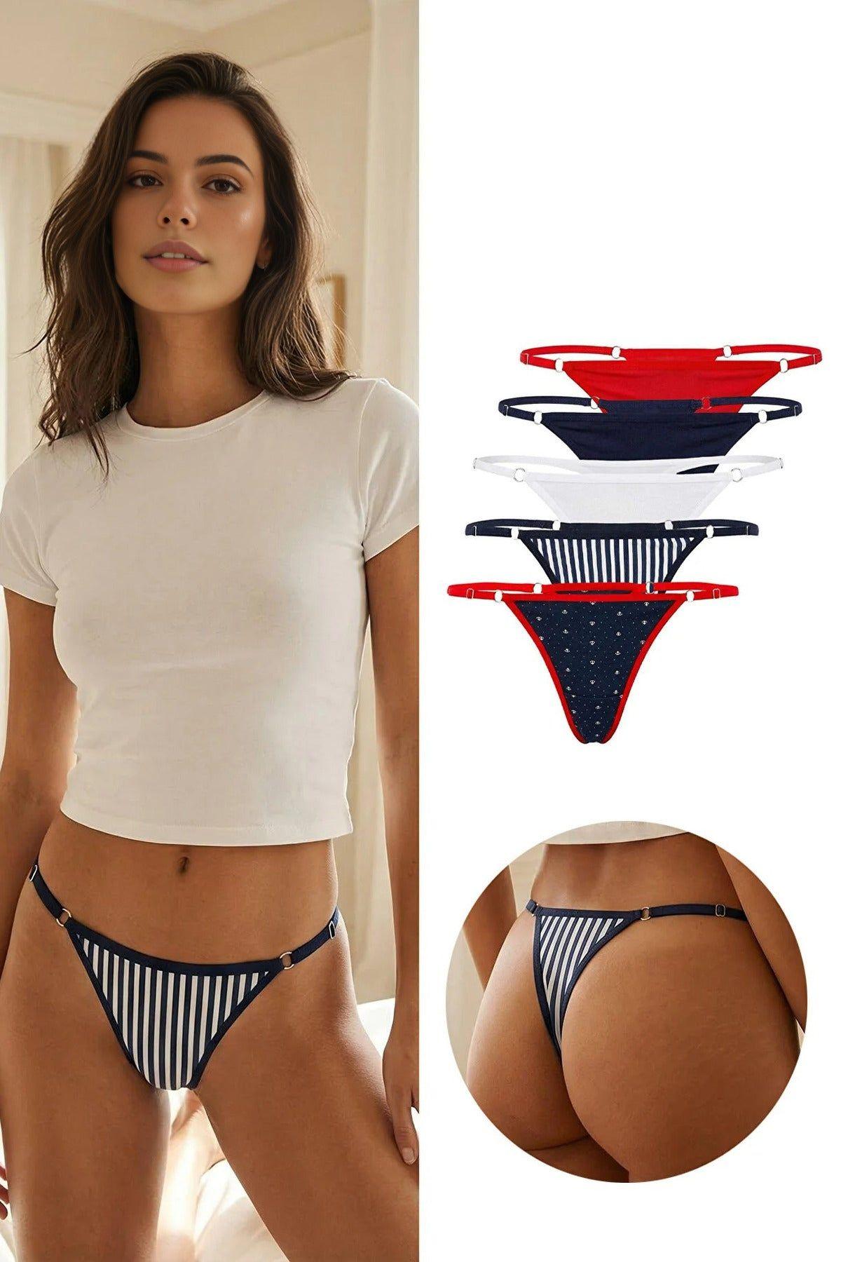5 Pack Mixed Print Adjustable Strap Thong Briefs by WOVCOR