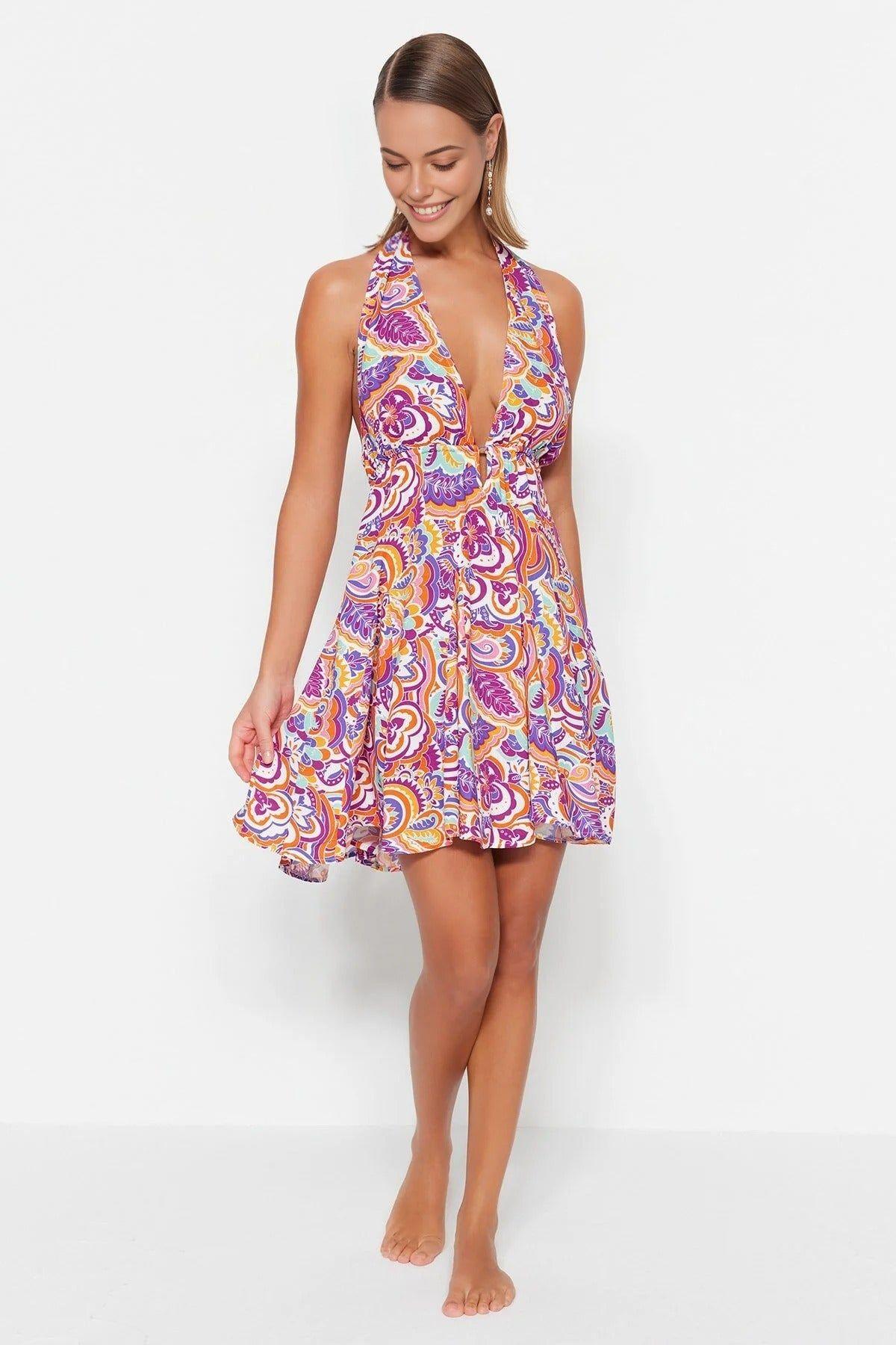 Abstract Print Woven Backless Beach Mini Dress by WOVCOR
