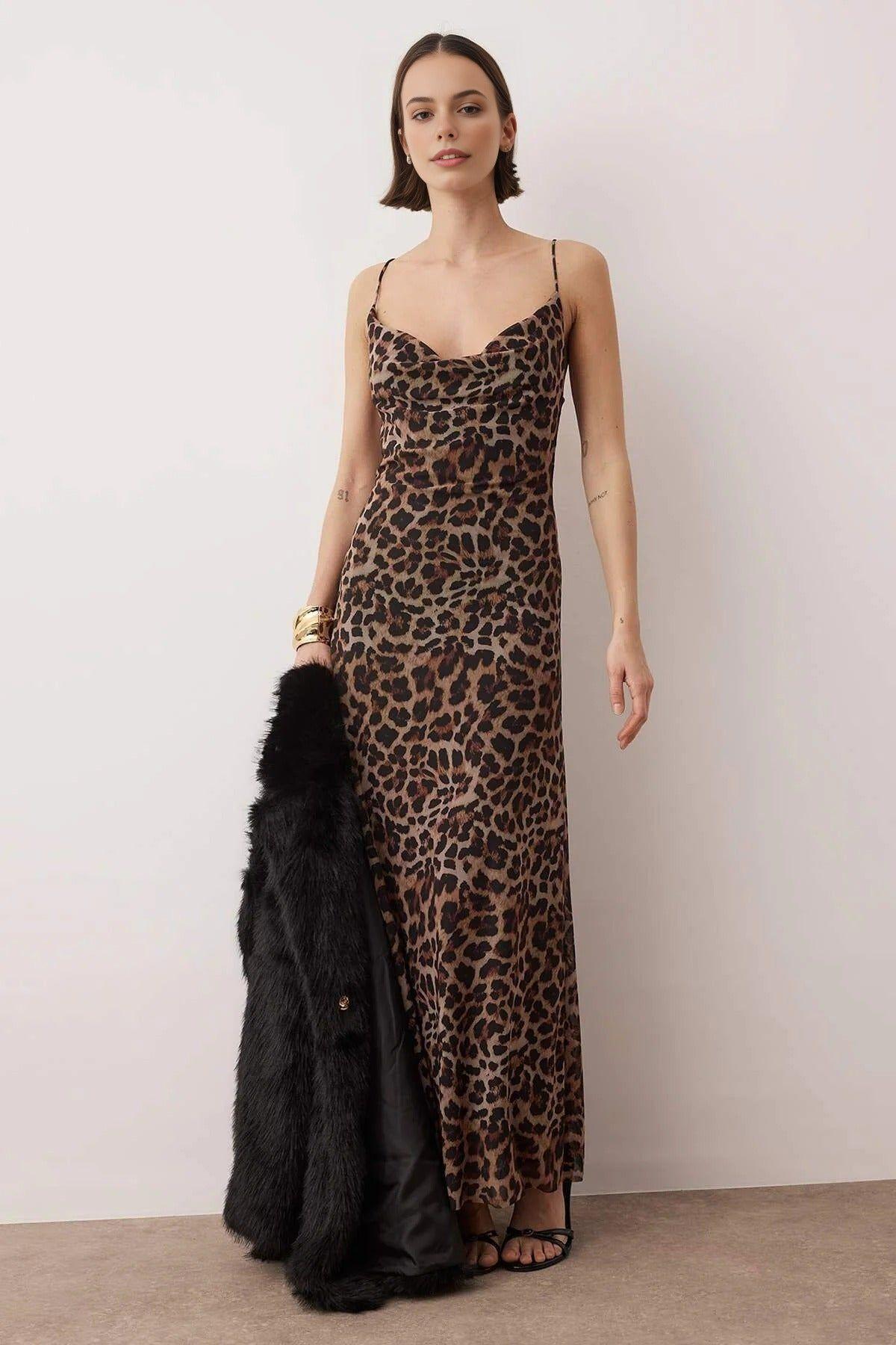 Animal Print Cowl Neck Slip Maxi Dress by WOVCOR